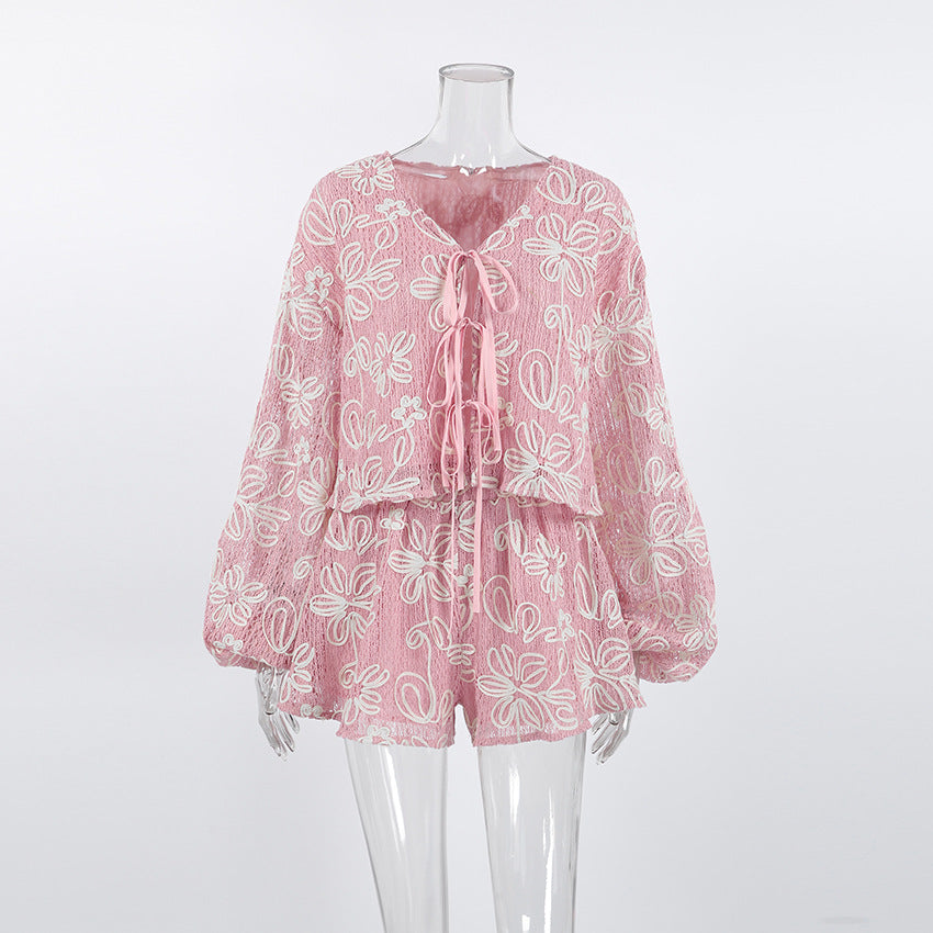V-neck long sleeved lace up top and shorts two-piece set 