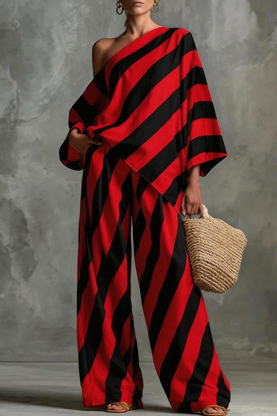 Retro Striped Printed Chiffon Top And Wide-leg Pants Set 