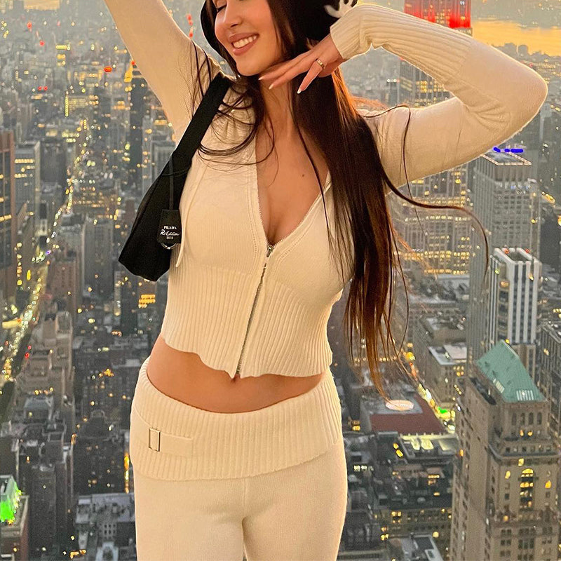 Long Sleeve Sweater & High Waist Long Pants Set | ladies long sweaters