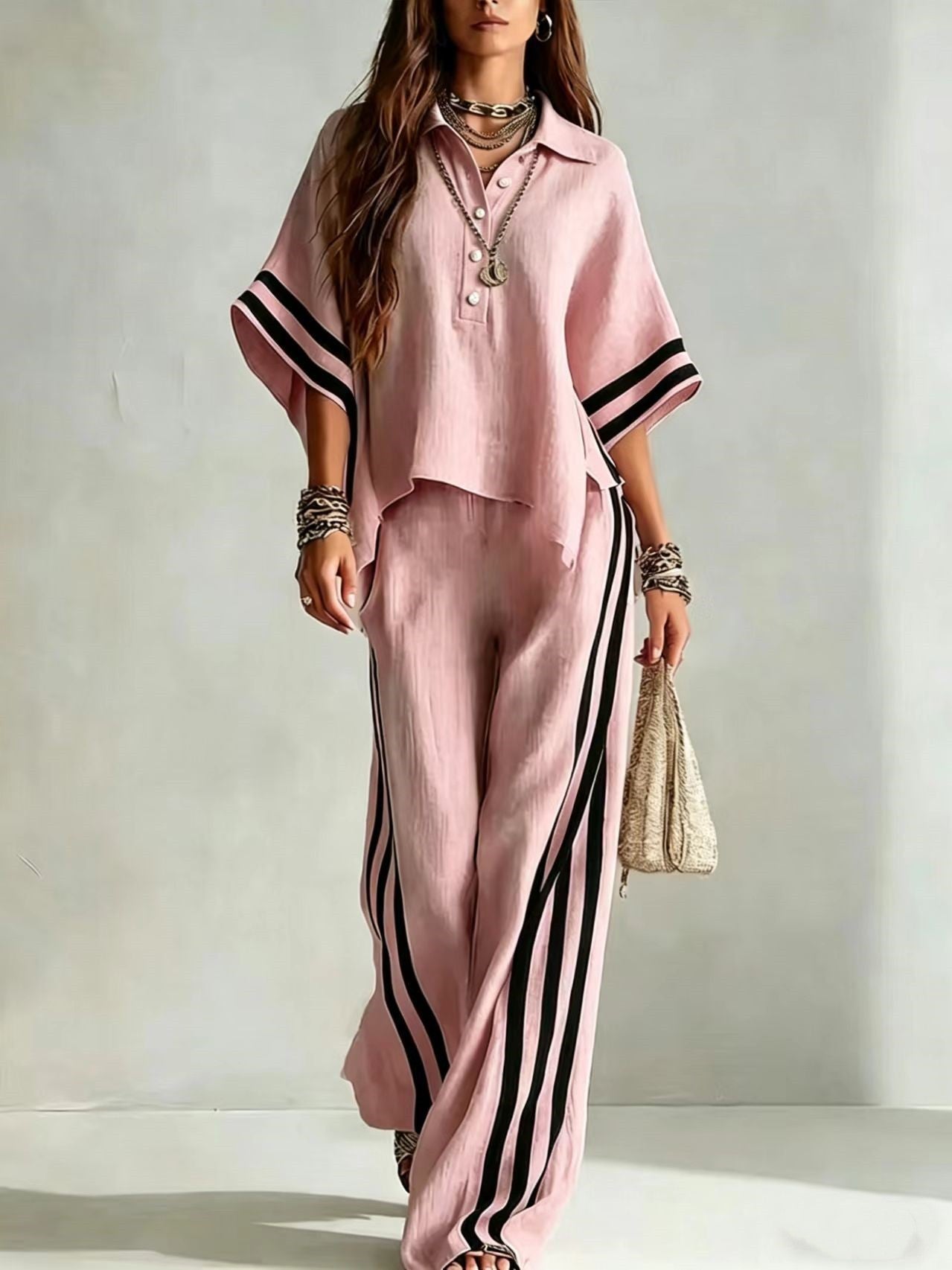 Womens Clothing Short-Sleeve Shirt And Loose Pants Two-Piece Set 