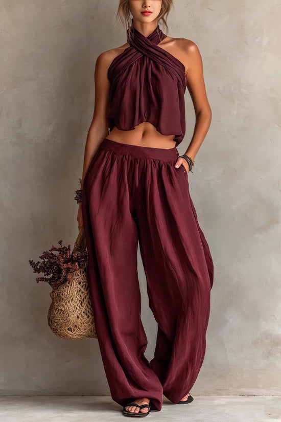 Womens Loose-Fit Sleeveless Top And Wide-Leg Pants Two-Piece Set 