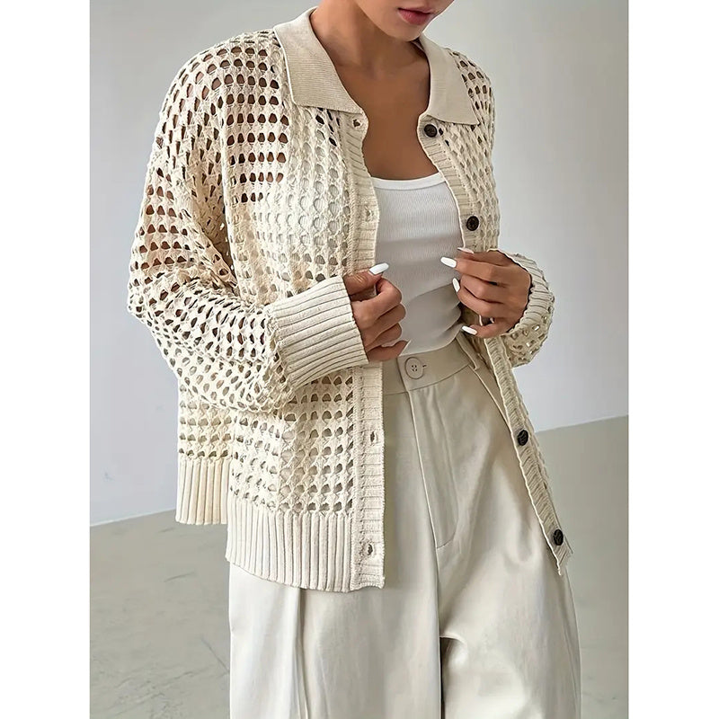 Women's Plus Size Cardigan Lightweight Hollow Out V-Neck Button Down Long Sleeve Knit Coat, 0XL-4XL CJ US