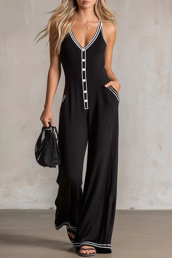 Womens V-Neck Casual Loose Backless Wide-Leg Jumpsuit 