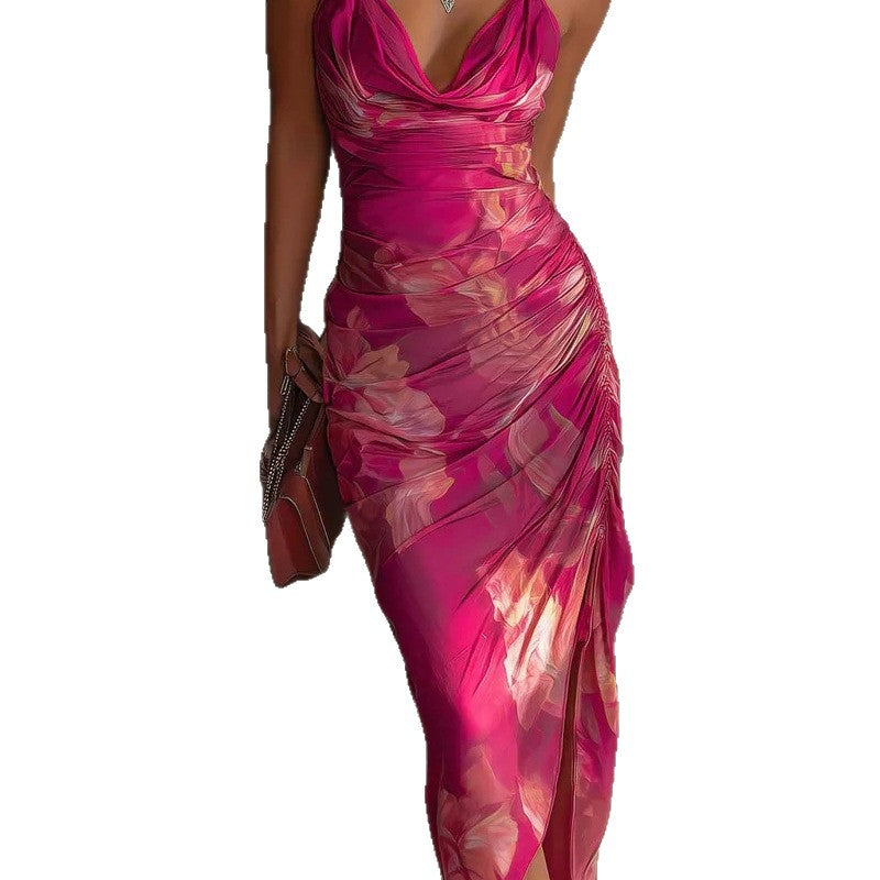 Backless Printed Strap Dress, Fitted Slim Fit High Slit Fashion Long Dress 