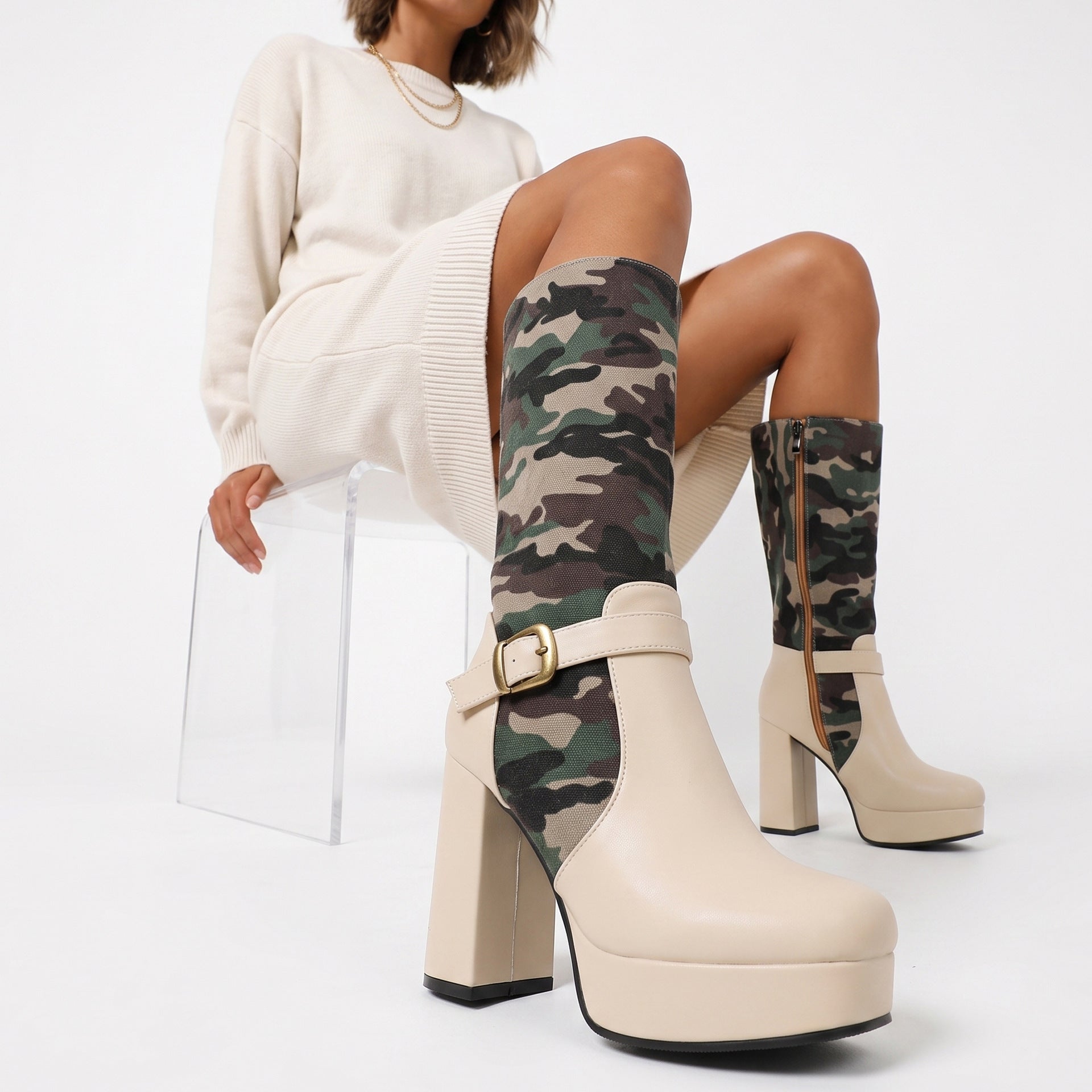 Fashion Punk Style Camouflage High-Cut Women's Boots with Thick Heel and Platform Made to order, ships in 7 days 