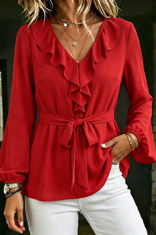 Elegant Women's V-Neck Ruffle Blouse with Tie Waist, Lantern Sleeves Long Sleeve Top 