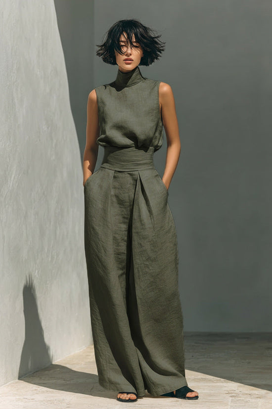 Womens Cotton-Linen Blend Sleeveless Top And Wide-Leg Pants Set 