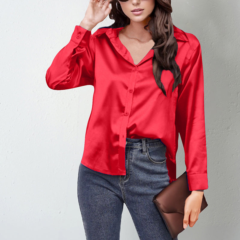 Women's Elegant Satin Lapel Shirt, Long Sleeve Button-Down Blouse For Casual And Office Wear 