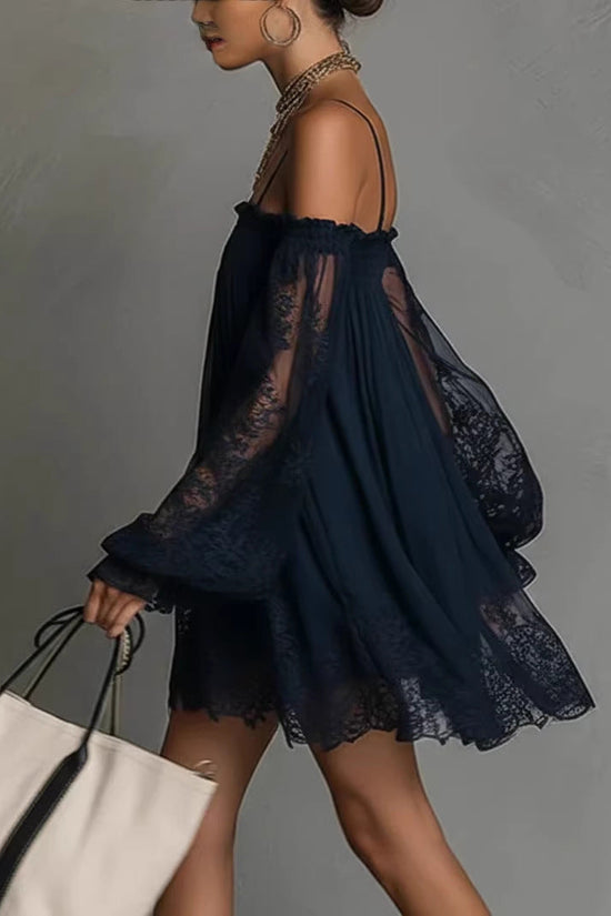 Long-sleeve Slip Dress In Solid Color With A Stretchy Boat Neck And Lace Detailing 