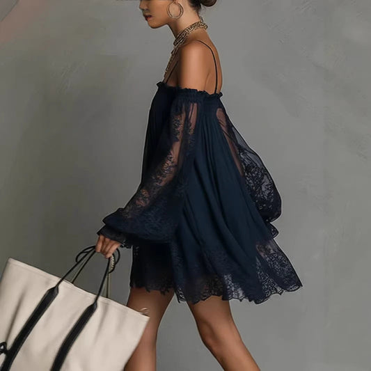 Long-sleeve Slip Dress In Solid Color With A Stretchy Boat Neck And Lace Detailing 