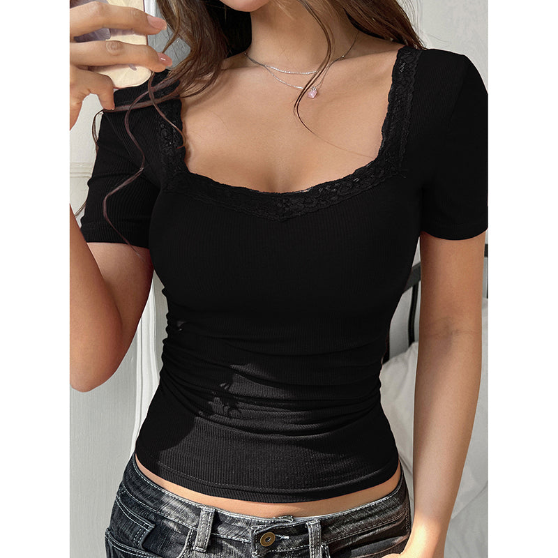Women's Y2K Lace Trim Tee - Slim Fit U Neck Short Sleeve Top 