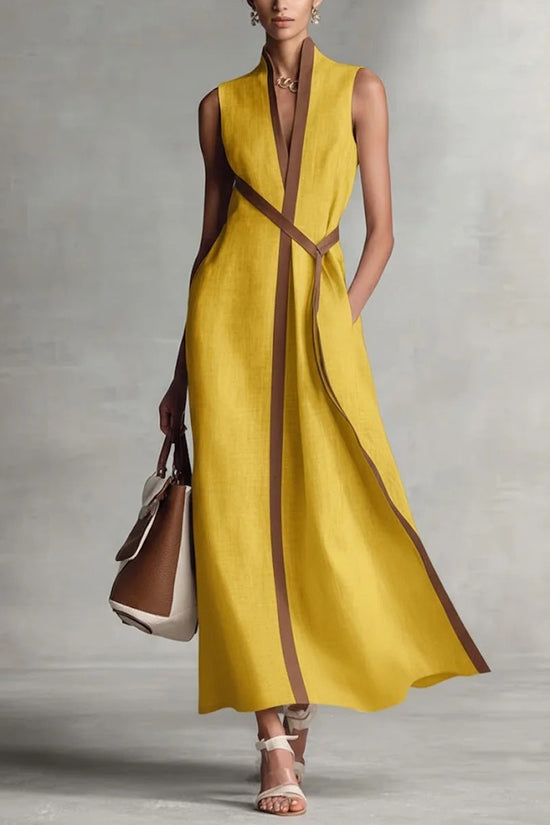 Color Block Sleeveless Stand Collar Linen Blend Dress 