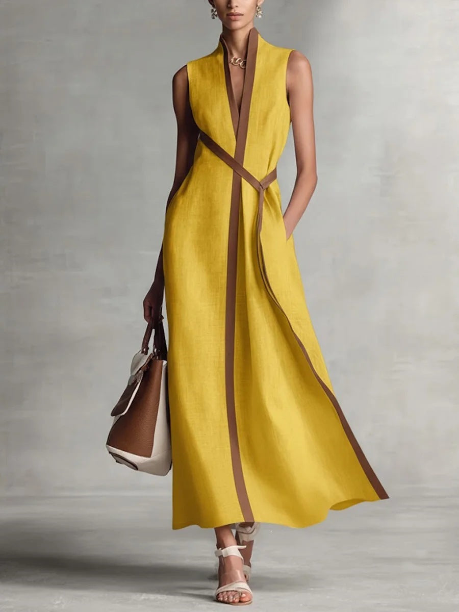 Color Block Sleeveless Stand Collar Linen Blend Dress 