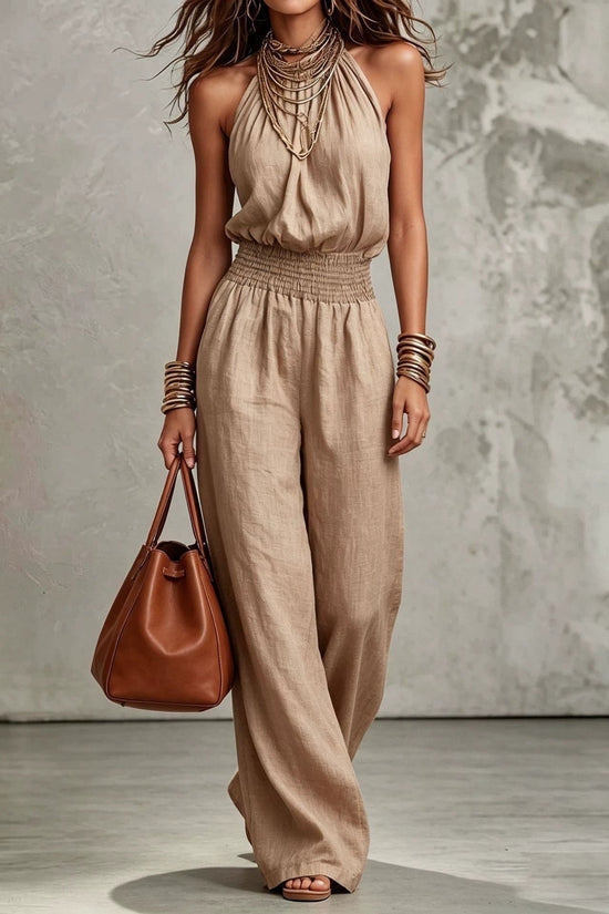 Womens Sleeveless Backless Cinched Waist Lace-up Halter Wide-leg Jumpsuit 