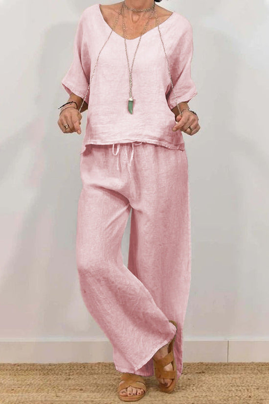 Womens Multi-Color Two-Piece Set Casual V-Neck Pullover With Three-Quarter Sleeves And Extended Pants 