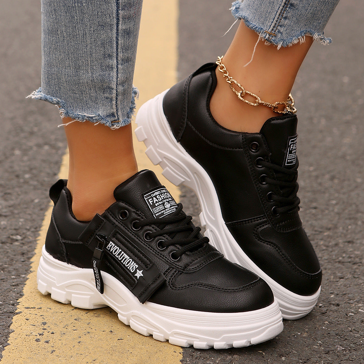 Lace-up Sports Shoes With Side-Zipper Design Fashion Thick-soled Round-toe Casual Shoes For Women Sneakers CJ US
