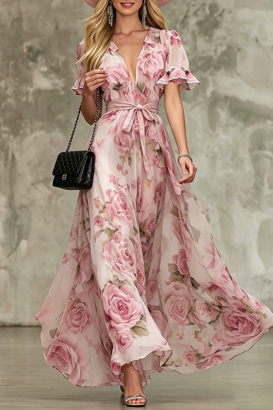 Deep V-neck ruffle sleeve printed dress 