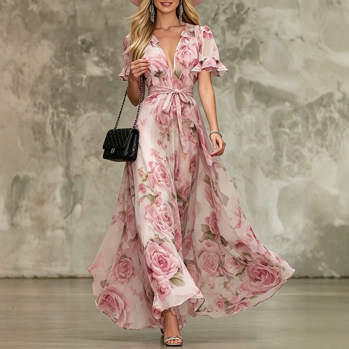 Deep V-neck ruffle sleeve printed dress 