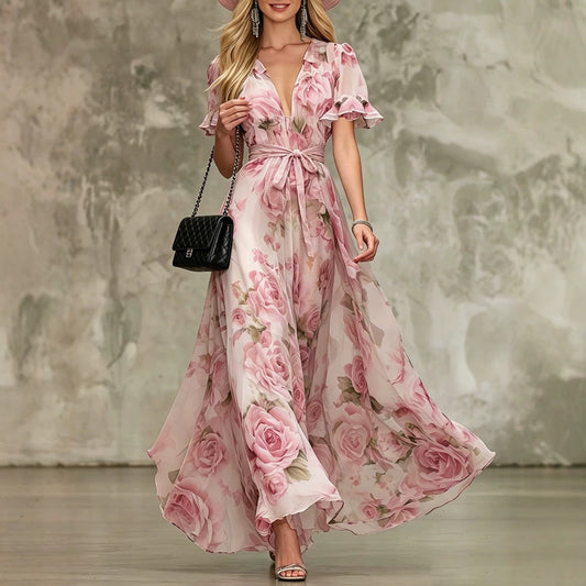 Deep V-neck ruffle sleeve printed dress 