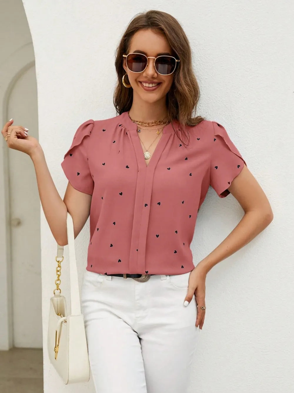V-neck heart-shaped petal sleeve shirt with elegant women's top 