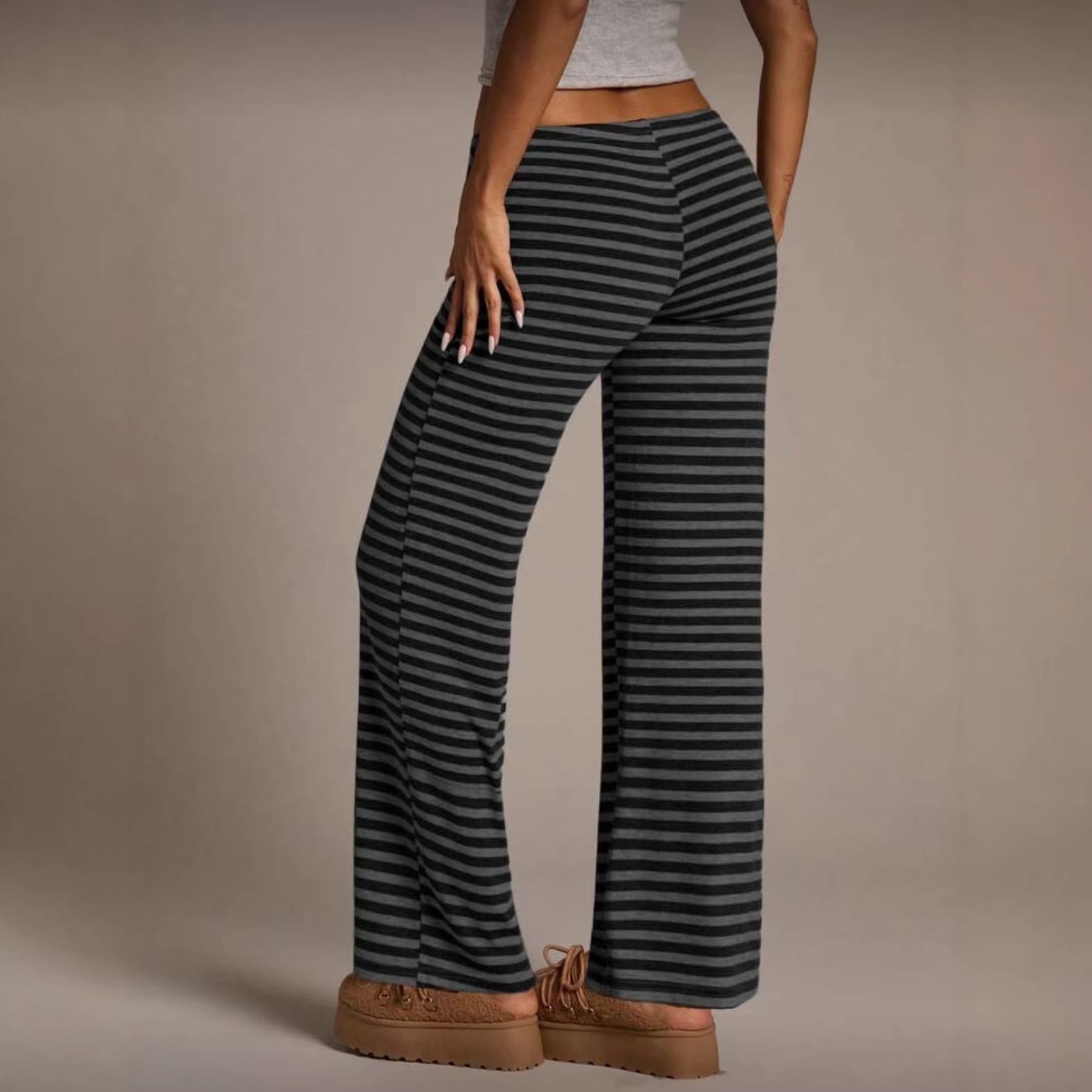 SpringSummer Womens Fashion Striped Casual All-Match Wide-Leg Flared Trousers 