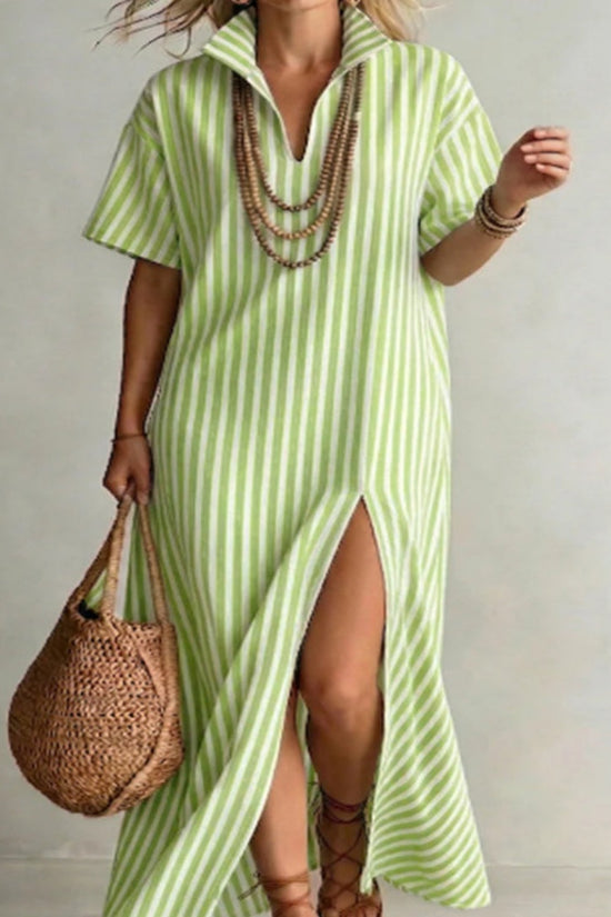 Womens V-neck Short-sleeve Striped Slit Cotton-Linen Dress 
