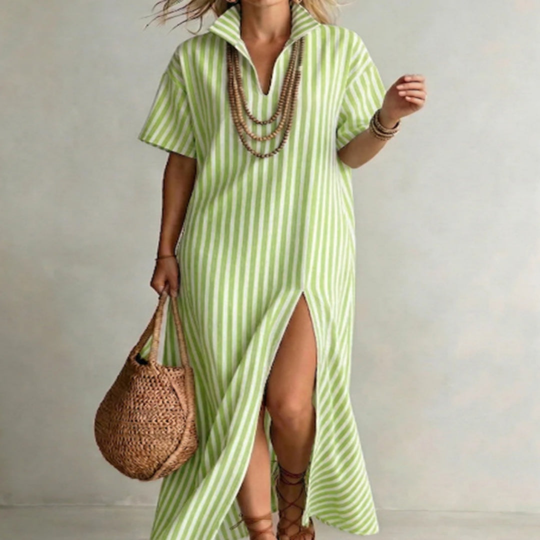 Womens V-neck Short-sleeve Striped Slit Cotton-Linen Dress 