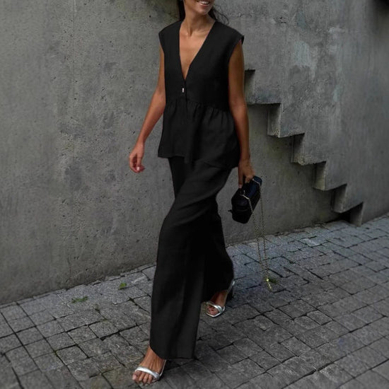 Womens Cotton V-Neck Sleeveless Vest And Wide-Leg Pants Set 
