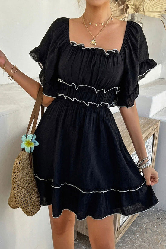 Womens French-style Square-neck Ruffled Short-sleeve Dress 