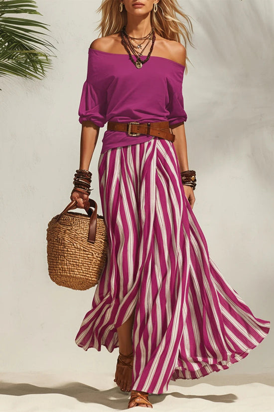 Off-shoulder Top And Slit Skirt Womens Set 