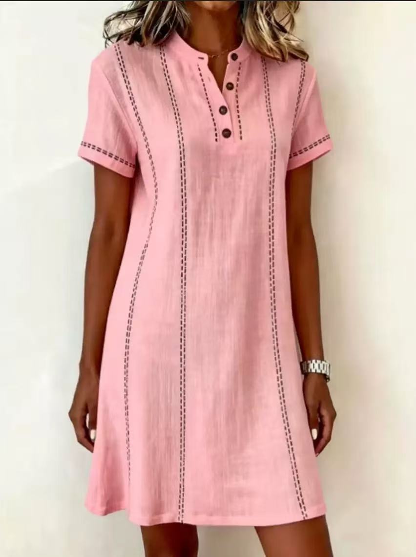 Loose-fitting Casual Printed Button-up Stand-collar Dress 