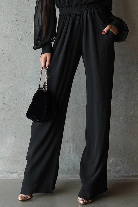 Black Embroidered Womens Long-Sleeve Wide-Leg Jumpsuit 