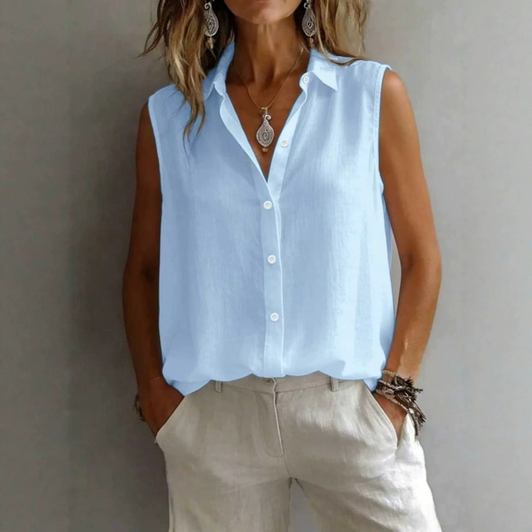 Women's Solid Color Casual Lapel Sleeveless Shirt 