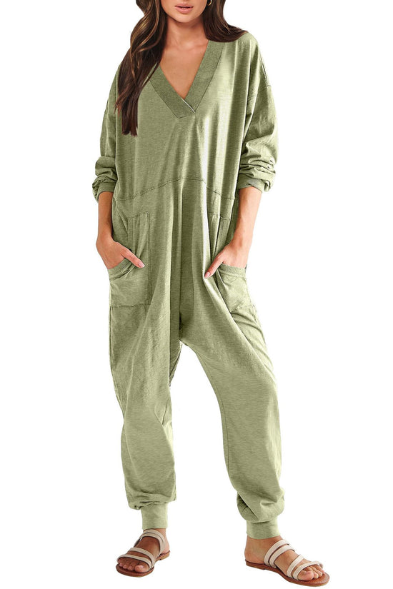 Women's V-neck Long Sleeve Solid Color Loose Jumpsuit With Two Side Pockets 