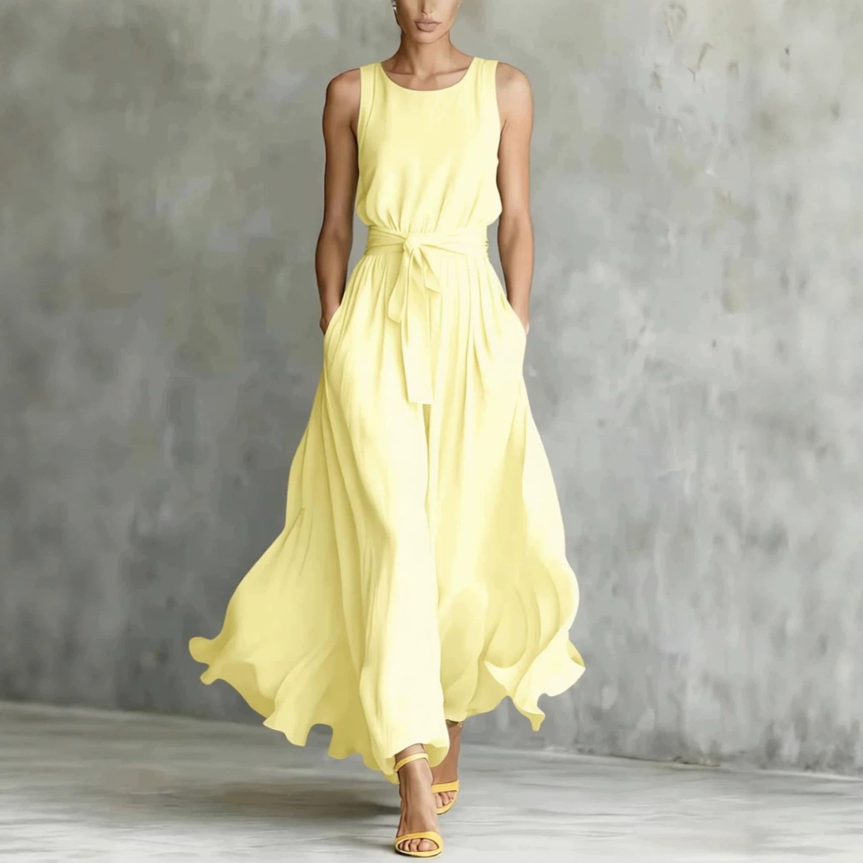 Womens Waist-Cinching Lace-Up Sleeveless Dress 