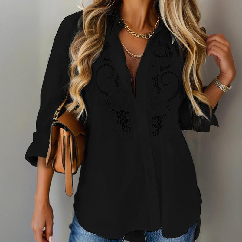 Women's Contrast Lace Long Sleeve Tops Button Down Shirts Dressy Casual Blouses Fall Fashion Clothes CJ US