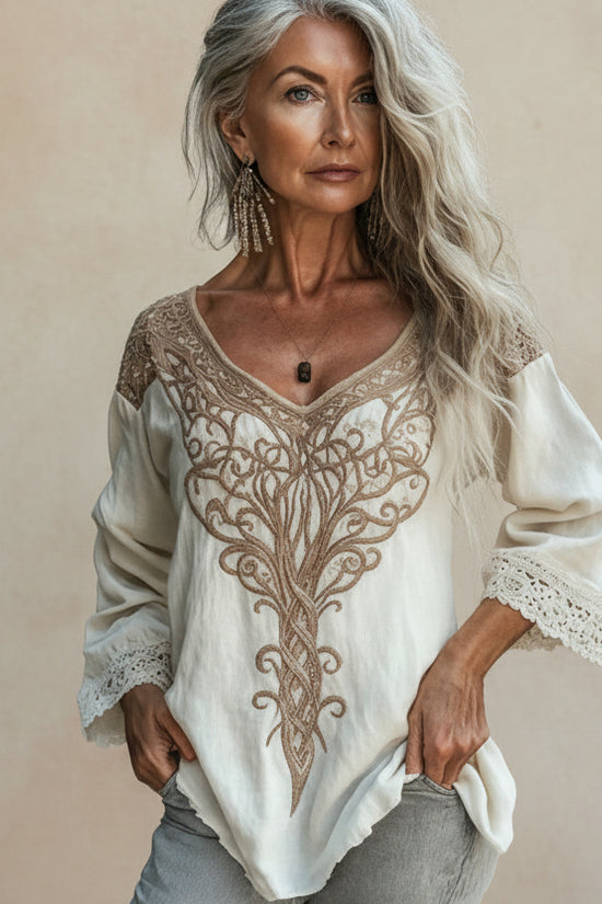 Ethnic-style Embroidered Fringe V-neck Cotton-linen Resort Top 