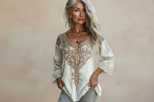 Ethnic-style Embroidered Fringe V-neck Cotton-linen Resort Top 