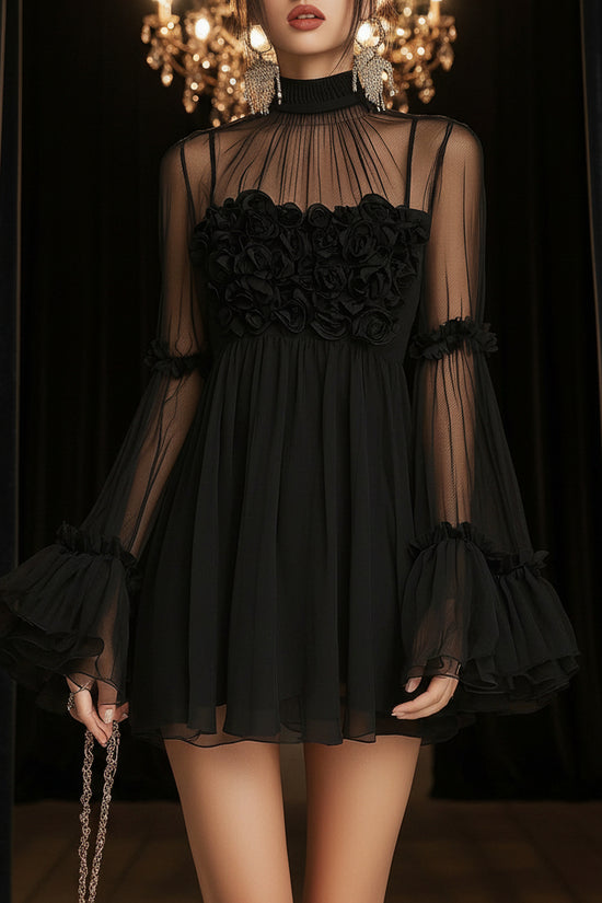 Floral Embroidered Sheer Lace Dress with High Neck and Flared Sleeve 