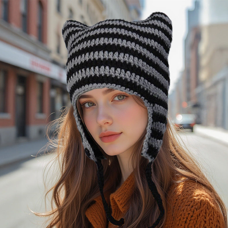 Women’s Hand Knitted Striped Cat Hat – Cute Warm Winter Beanie - FitiqueFit