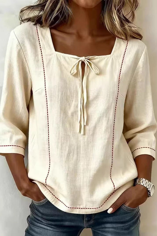 Printed Lace-Up Square-Neck Mid-Sleeve Womens Shirt 