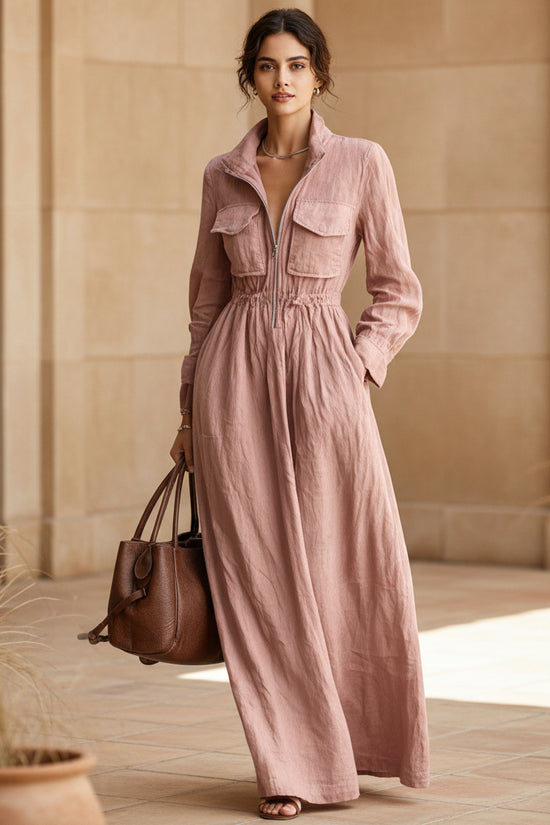 Women's Zipper Collar Elastic Waist Long Dress 