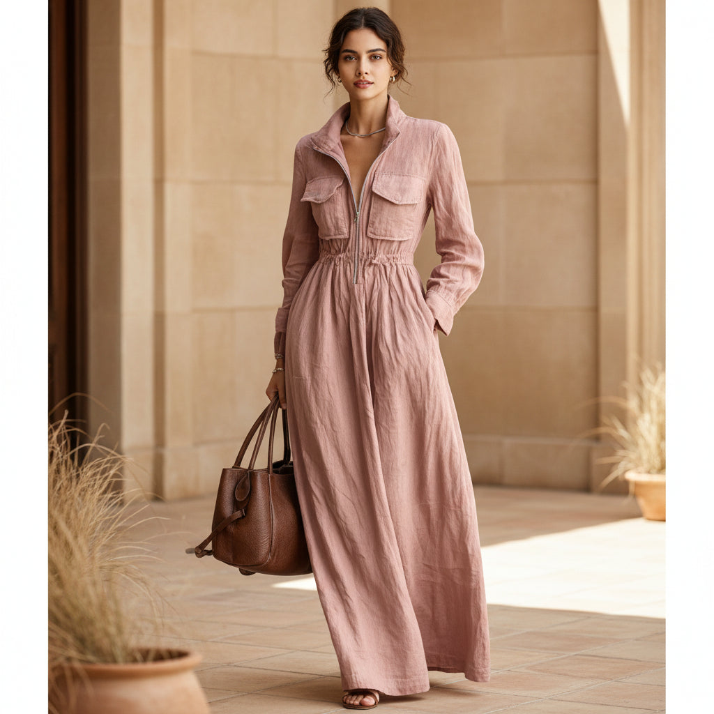 Women's Zipper Collar Elastic Waist Long Dress 