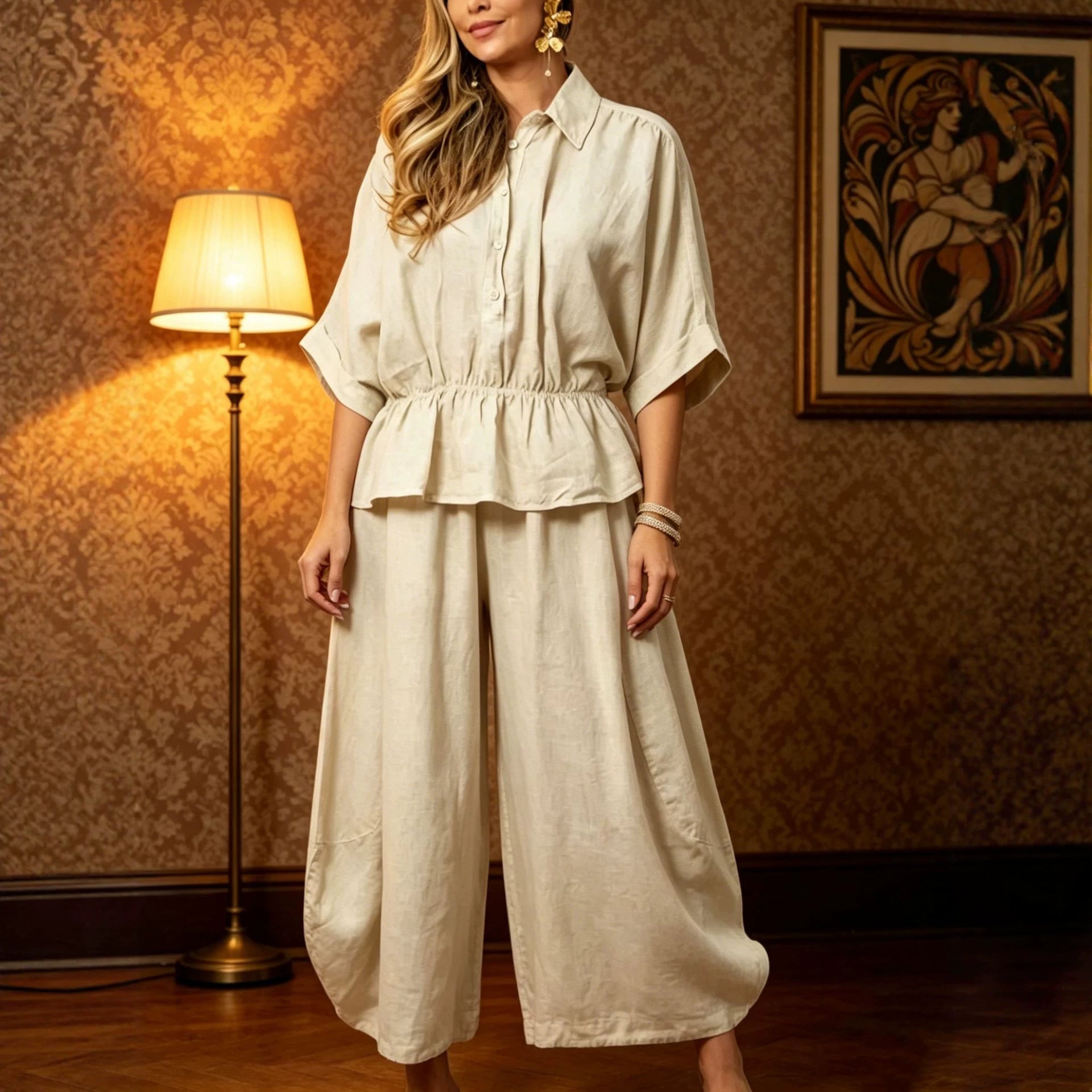 Plus-size Womens Loose Casual Belted Shirt And Wide-leg Pants Set 