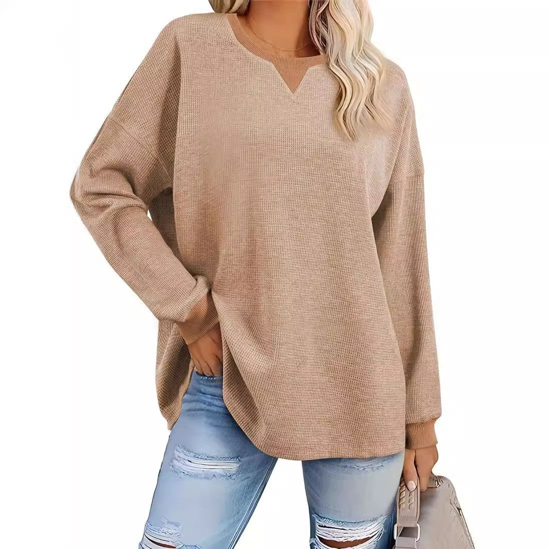 Women's Fashion Round-Neck Color-Block Long-Sleeve Sweatshirt 
