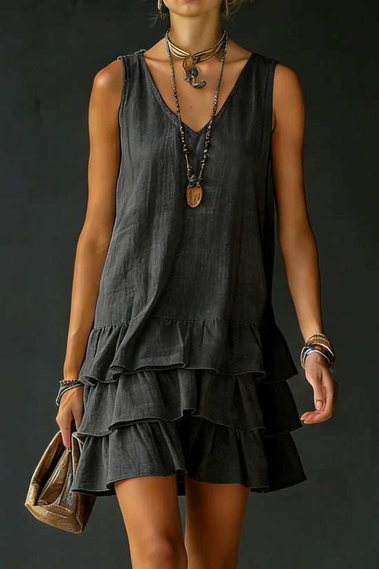 V-neck Cotton-linen Womens Fashionable Sleeveless Dress 