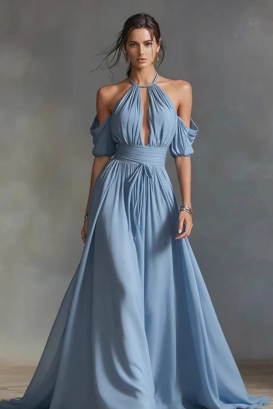 Womens Solid-Colored Halter Maxi Dress 