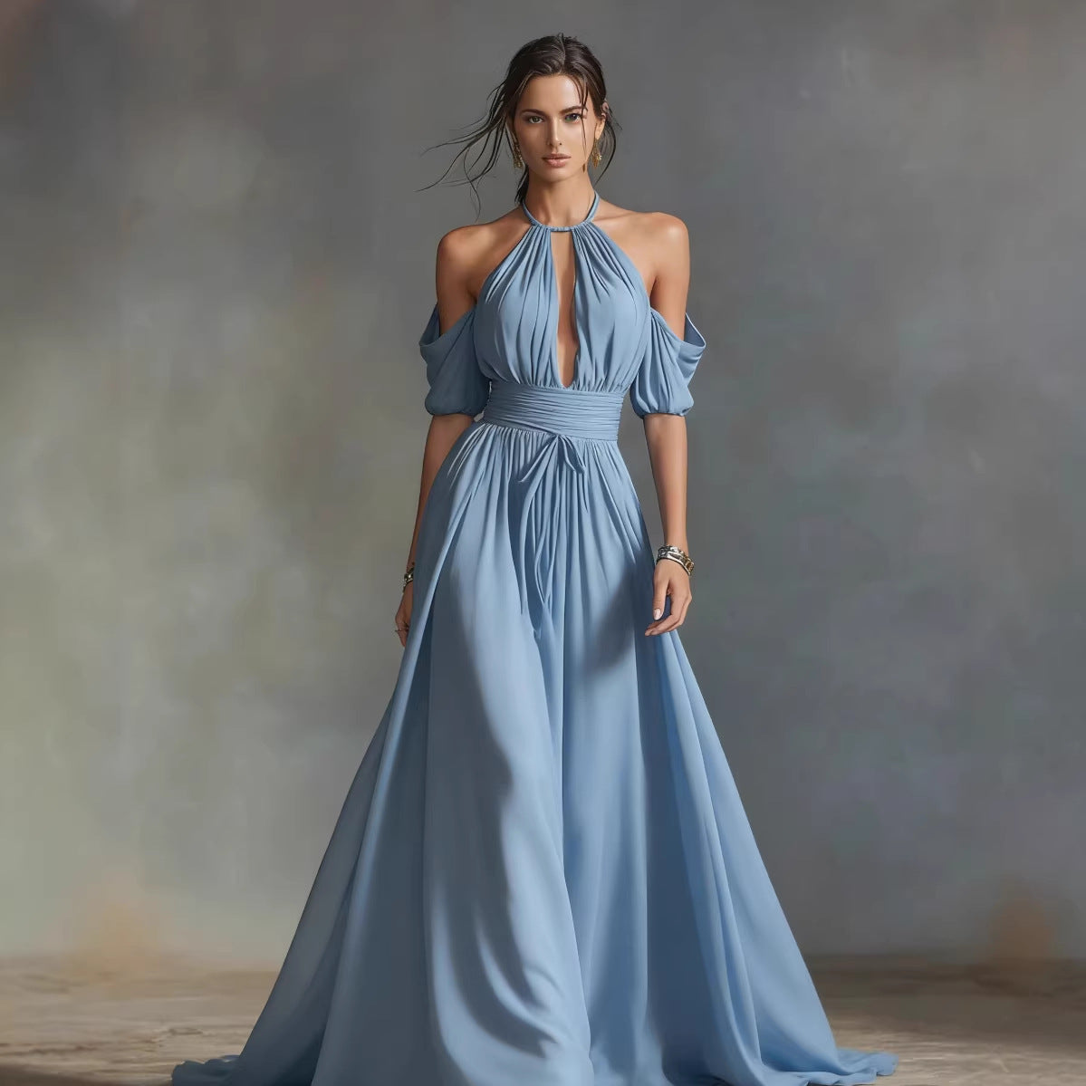 Womens Solid-Colored Halter Maxi Dress 