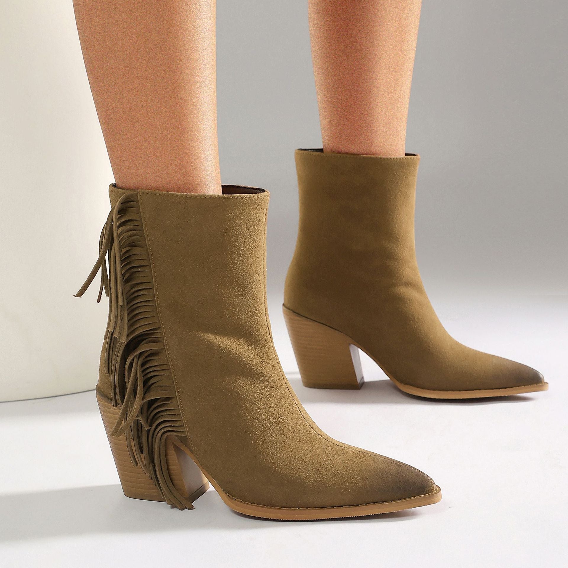 Western Style Ankle Boots for Women, Pointed Toe with Tassel, Chunky High Heel Made to order, ships in 7 days 