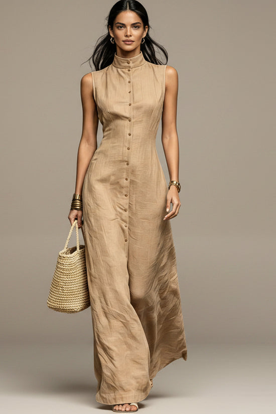 Blended Fabric Stand-up Collar Single-breasted Sleeveless Maxi Dress 